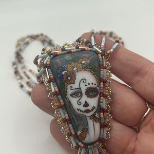 Spectacular hand painted sugar skull cabochon necklace beaded one of a kind